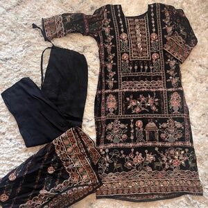 Black Beautiful Embroidered Colorful Indian 3pcs Trouser Kameez Dupatta Suit